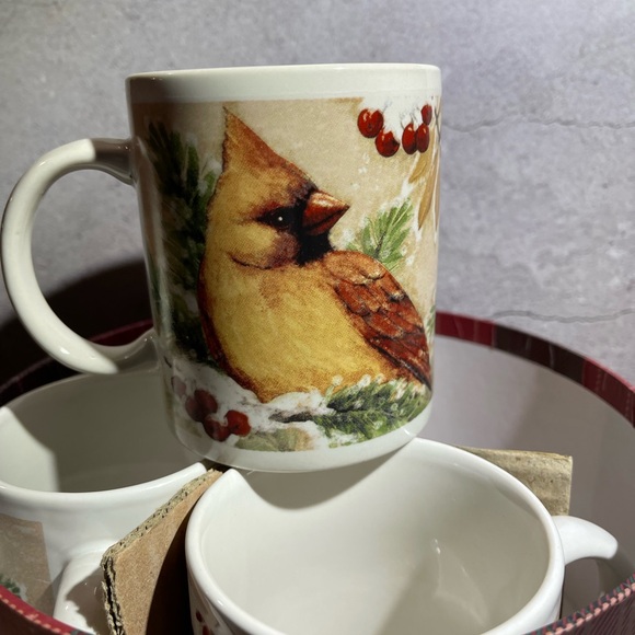 Cardinal Tea Coffee Cup Set of 4 Mugs Bird Stoneware Cracker Barrel Plaid VTG - Picture 6 of 9